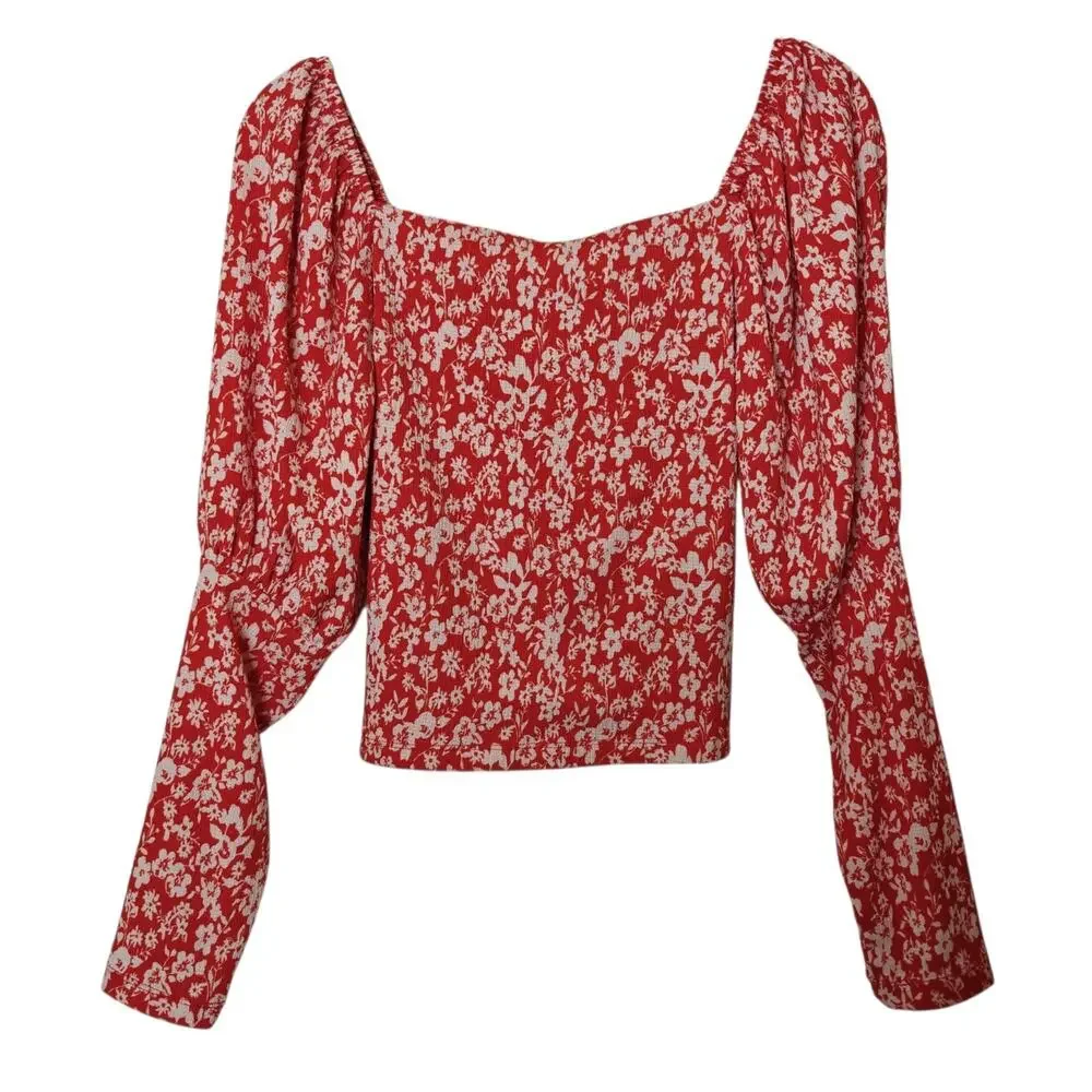 Anthropologie Floral Sweetheart Neckline Top Size XS Red Floral Puff Sleeves